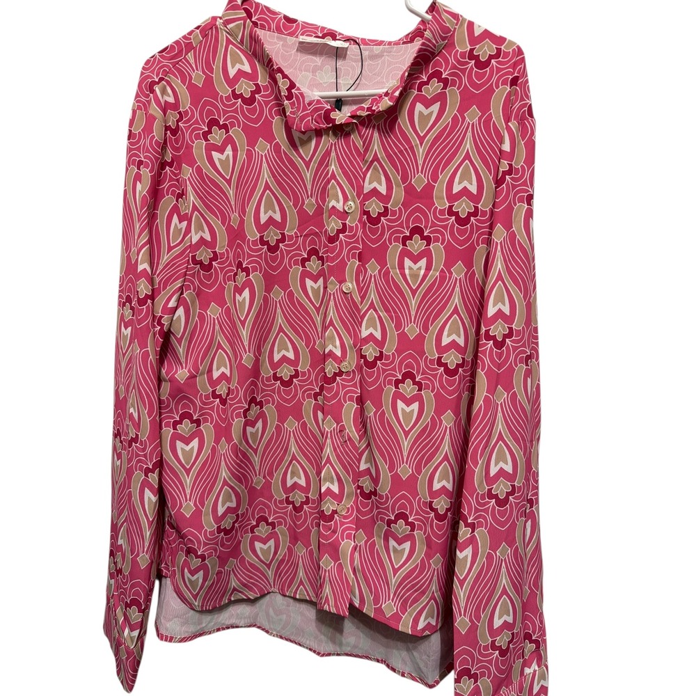 GALIA Pink Beige Geometric Print Button Up Shirt Blouse Top Women L‎